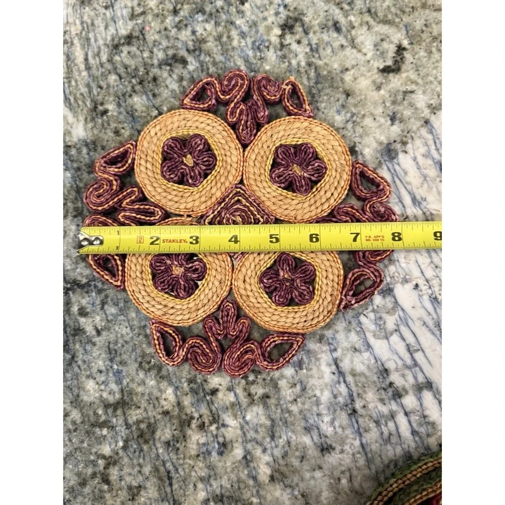Vintage Wicker Straw Hot Pad Trivet Woven‎ Rattan Raffia  Red Gold  Color